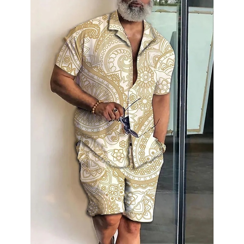 Men's Geometry Ethnic 2pcs Shirts Sets Summer Hawaiian Shirt Short Sleeve Short Pants Cuban Collar Fashion Streetwear Designer Outdoor Street Daily Print Summer Spring Black Yellow Blue4