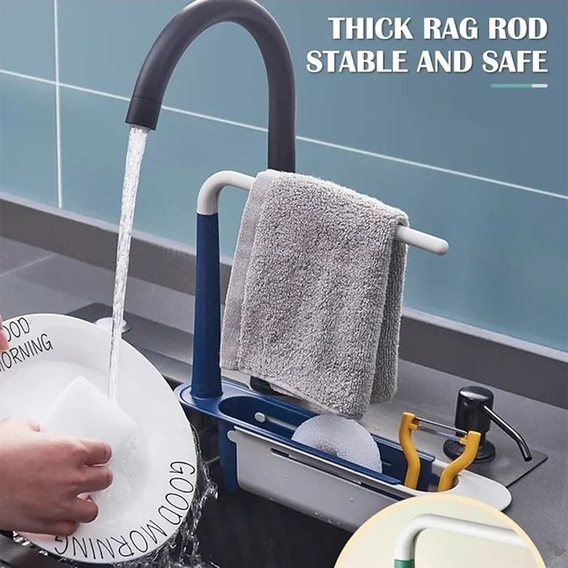 Multifunctional Kitchen Telescopic Rack Adjustable 2-in-1 Sink Organizer, Expandable Sink Basket, Sink Drain Rack, Sink Tray, Sponge Holder+Dish Cloth Hanger Random Color2