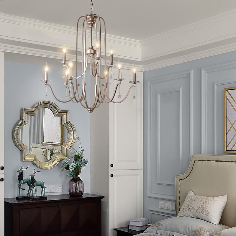 Chandelier for Dining Room Candle Style 6/9/12-Heads Modern Farmhouse Pendant Lighting,9-Light Brushed Candle Ceiling Hanging Fixture for Living Room Bedroom Coffee 110-240V3