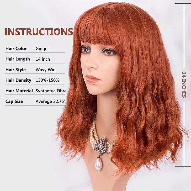 Orange Red Wigs for Women Short Wavy Bob Wig with Bangs Curly Ginger Wig Shoulder Length Copper Red Hair 14 Inch Colored Synthetic Wig for Cosplay Daily Party Use Halloween Wigs4