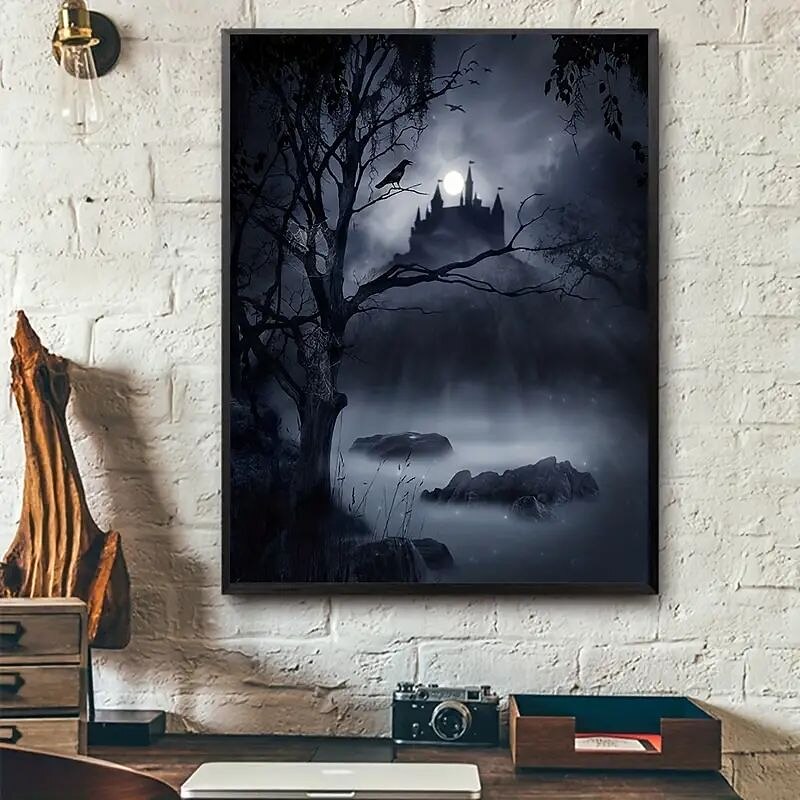 Halloween Wall Art Canvas  Scary Dark Night Scary Castle Crow Bird Halloween Prints and Posters Pictures Decorative Fabric Painting For Living Room Pictures No Frame