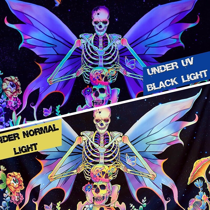 Halloween Skull Blacklight Tapestry UV Reactive Skeleton Butterfly Trippy Misty Mushroom Floral Hanging Tapestry Wall Art Mural for Living Room Bedroom Halloween Decorations4