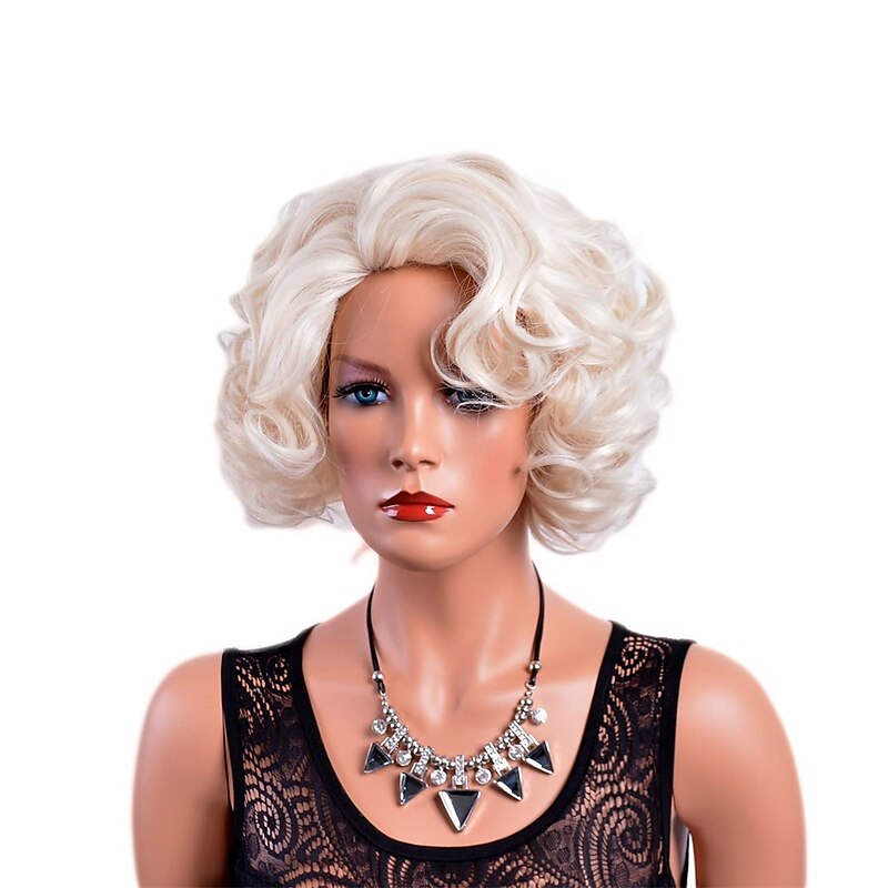 Short Blonde Curly Wigs for Women Big Wavy 80s Flip Wigs Cosplay Costume Party Halloween Synthetic Platinum Blonde Hair Natural Mommy Wigs with Wig Cap3