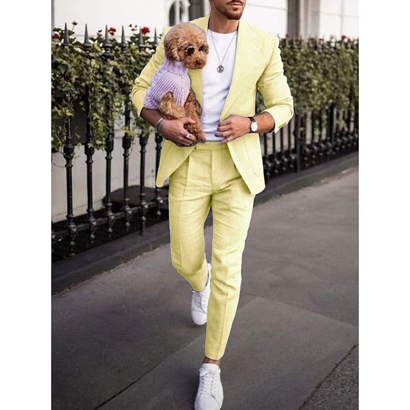 Men's Beach Wedding Linen Suits Peak Daffodil Solid Colored Tailored Fit 2 Piece Single Breasted One-button