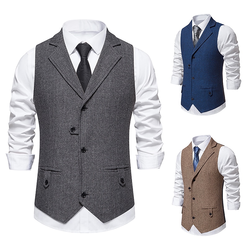 Men's Vest Waistcoat Business Evening Party Valentine's Day Vintage Fashion Spring &  Fall Button Polyester Comfortable Plain Single Breasted Lapel Regular Fit Blue Dark Gray Brown Vest3