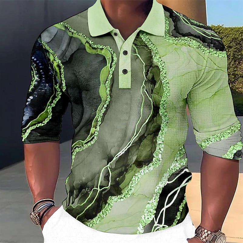Men's Graphic Hawaiian Polo Shirts Golf Shirt Long Sleeve Polo Shirts Collared Shirts Casual Beach Wear Vacation Wear Party Outfits 3D Print Buttons Pink Blue Green3