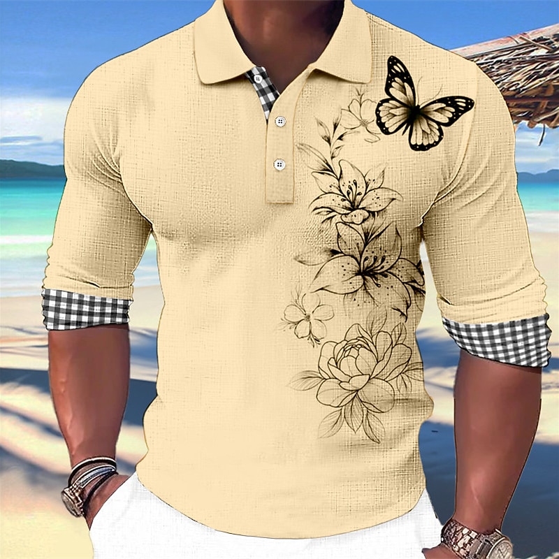 Kentucky Derby Men's Butterfly Hawaiian Polo Shirts Golf Shirt Long Sleeve Polo Shirts Collared Shirts Casual Beach Wear Vacation Wear Party Outfits 3D Print Buttons White Pink Blue4