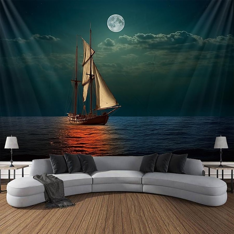 Sea Boat Hanging Tapestry Wall Art Large Tapestry Mural Decor Photograph Backdrop Blanket Curtain Home Bedroom Living Room Decoration3