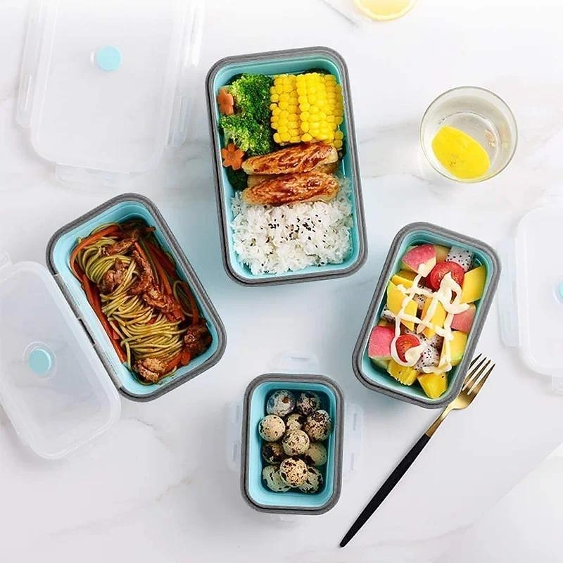 Square Silicone Crisper Refrigerator Outdoor Portable Lunch Box Retractable Folding Silicone Lunch Box Set4