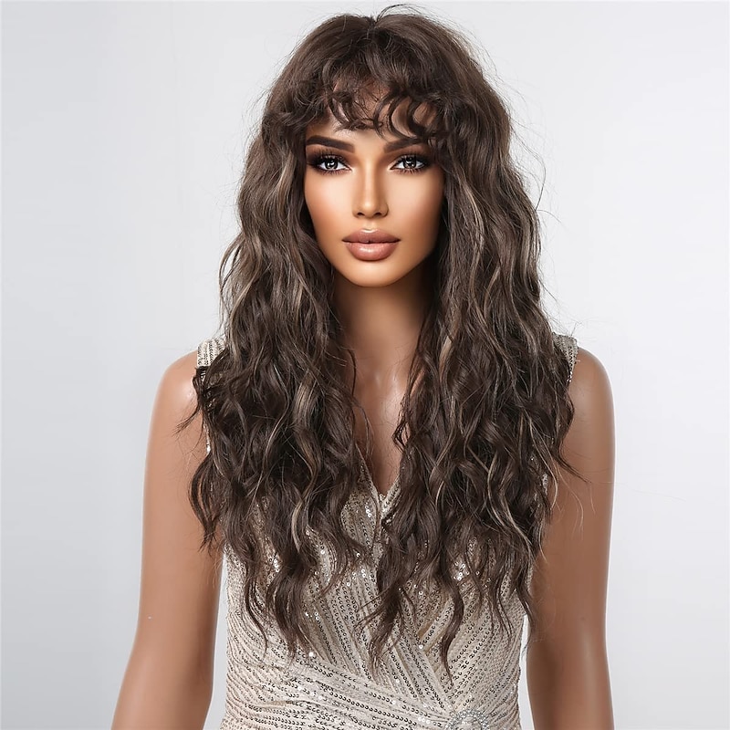 Long Brown Hightlight Curly Wigs For Black Women Brown Mixed Blonde Water Wave Wig With Bangs Natural Looking4