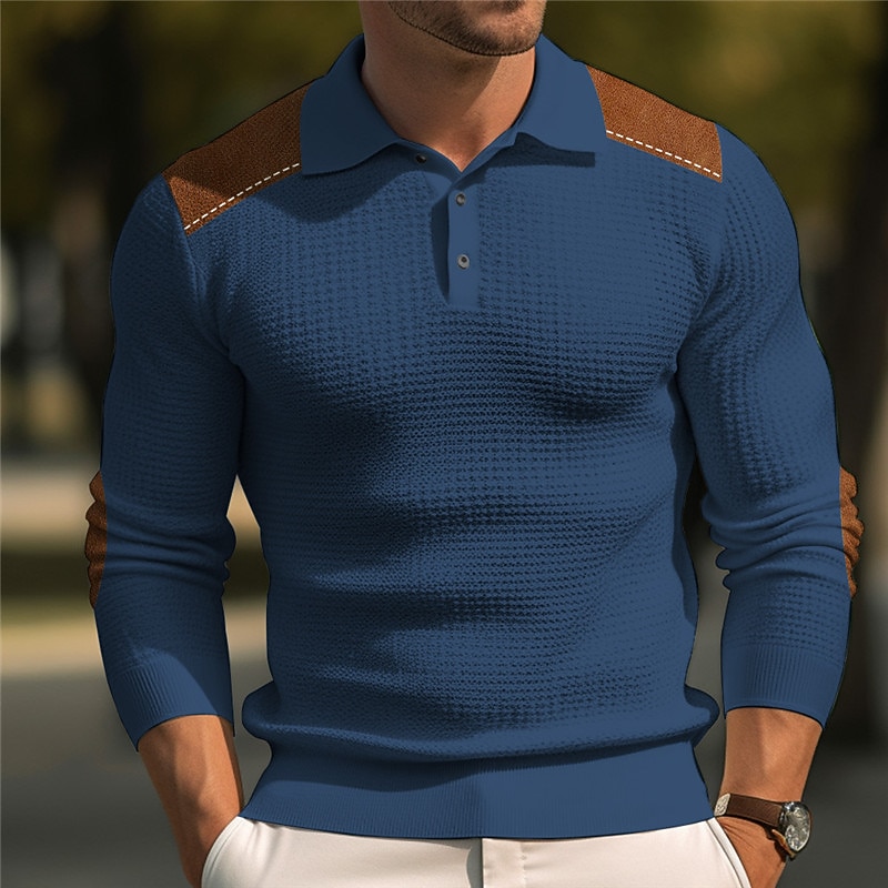 Men's Waffle Polo Shirt Button Up Polos Casual Sports Lapel Long Sleeve Fashion Basic Color Block Button Summer Regular Fit Black White Royal Blue Dark Gray Waffle Polo Shirt2