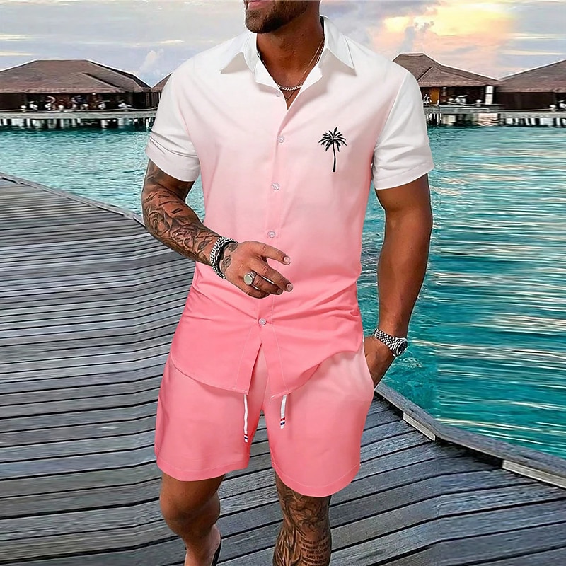 Men's Gradient Coconut Tree Tropical Plants 2pcs Shirts Sets Summer Hawaiian Shirt Short Sleeve Short Pants Turndown Fashion Streetwear Designer Outdoor Street Casual Print Summer Spring Yellow Pink2