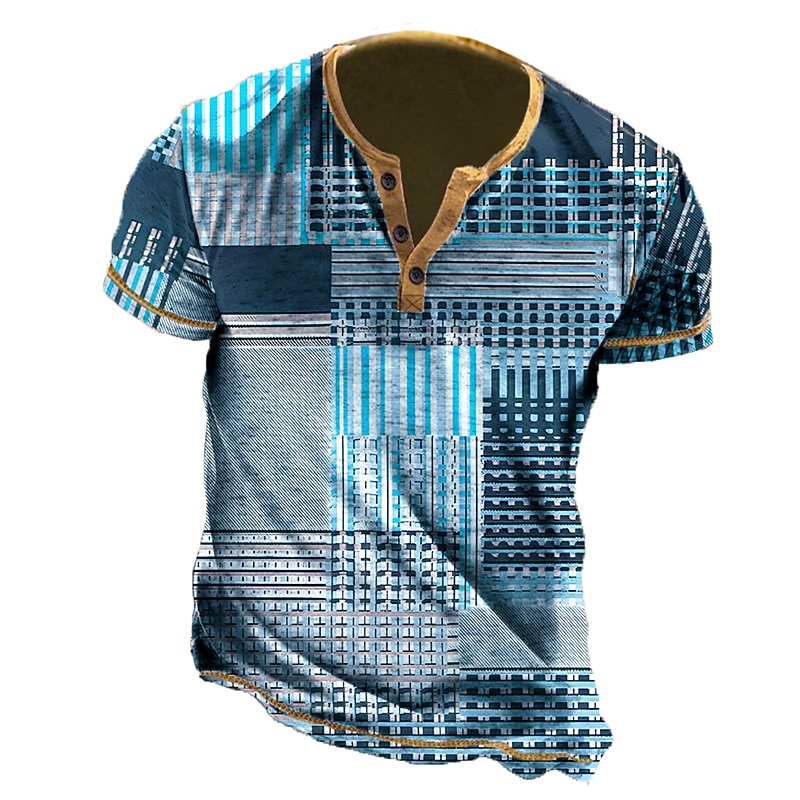 Fathers Day Cityscape T-Shirt Mens Graphic Henley Stripe Clothing Apparel 3D Print Outdoor Daily Short Sleeve Button Down Fashion Designer Comfortable Checkered Casual Grey Geometric Pattern Cotton Bu3
