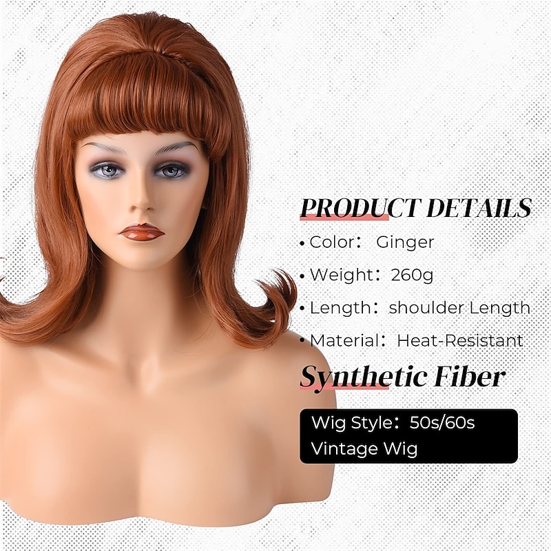 Retro Brown Wig 50s 60s 70s Wig with Bangs for Women Synthetic Hair for Carnival Costume Party Halloween Wigs3