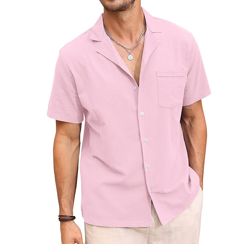 Men's Linen Shirt Summer Shirt Beach Shirt Button Up Shirt Plain Vacation Hawaiian Black White Pink Blue Short Sleeve Lapel Spring & Summer Clothing Apparel Basic3