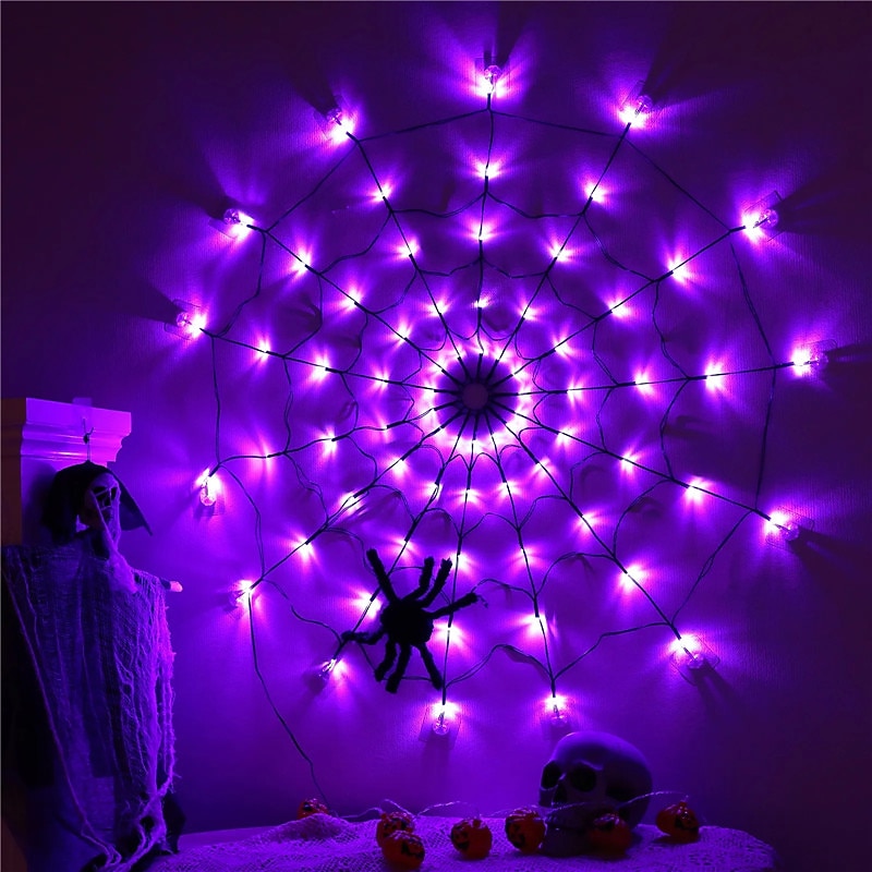 Halloween Spider Web Lights 60 LED with Black Spider Waterproof Purple Net Lights USB Powered Remote Control 8 Modes Cobweb for Party Yard Decoration Lighting