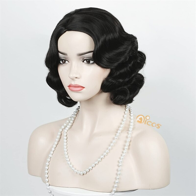 1920s flapper wig Vintage Style Finger Waves Black Short Hair for Women Halloween Wigs3