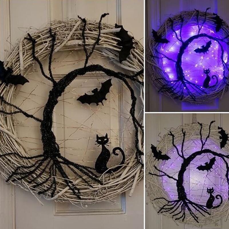 30CM Happy Halloween Decorations Wreath with LED, Light Up Black Bat Cat Wreath Pendant for Halloween Decoration Home Party Supplies