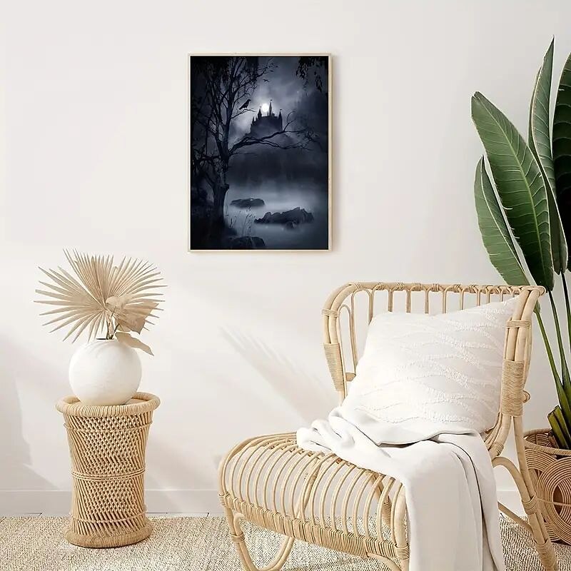 Halloween Wall Art Canvas  Scary Dark Night Scary Castle Crow Bird Halloween Prints and Posters Pictures Decorative Fabric Painting For Living Room Pictures No Frame4
