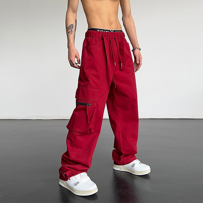Men's Cargo Pants Trousers Drawstring Elastic Waist Straight Leg Plain Comfort Breathable Casual Daily Holiday Sports Fashion Black Red