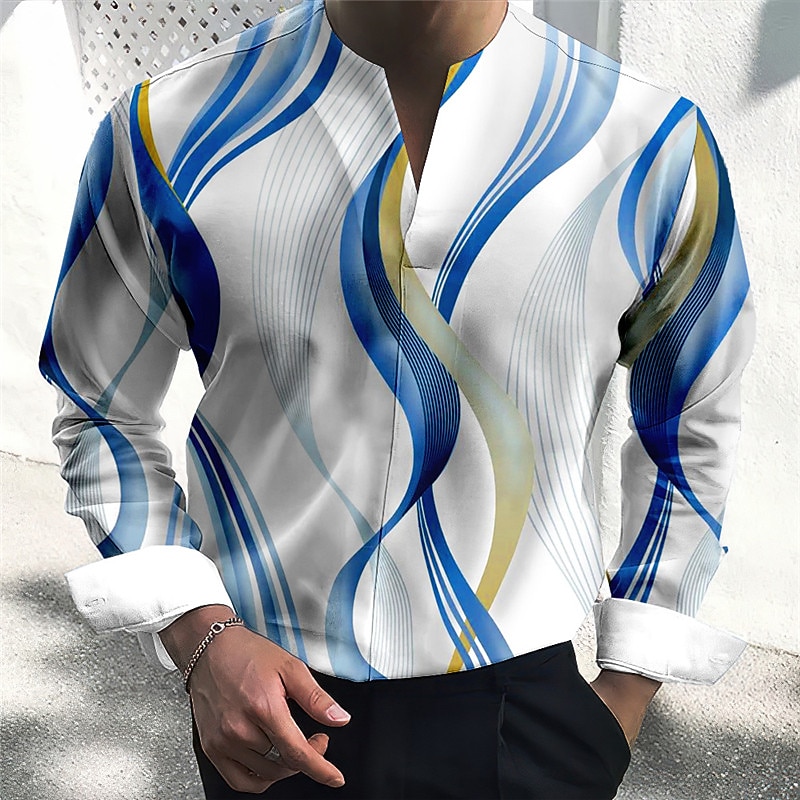Men's Geometric Pattern Curve Geometry Shirt Button Up Shirt Long Sleeve Fashion Streetwear Designer Outdoor Casual Daily Summer Fall V Neck Print Blue-Green Wine Blue Green Gray