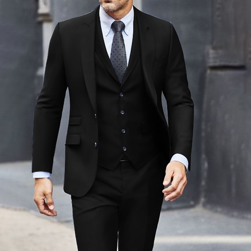 Men's Wedding Suits Notch Dark Blue Dark Gray Solid Colored Tailored Fit 3 Piece Single Breasted Two-buttons3