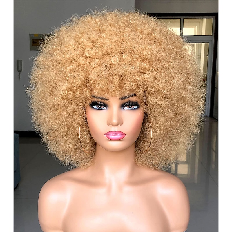 Short Afro Wig with Bangs for Black Women Afro Kinky Curly Wig 70s Premium Synthetic Big Afro Wig Halloween Cosplay Party Wigs