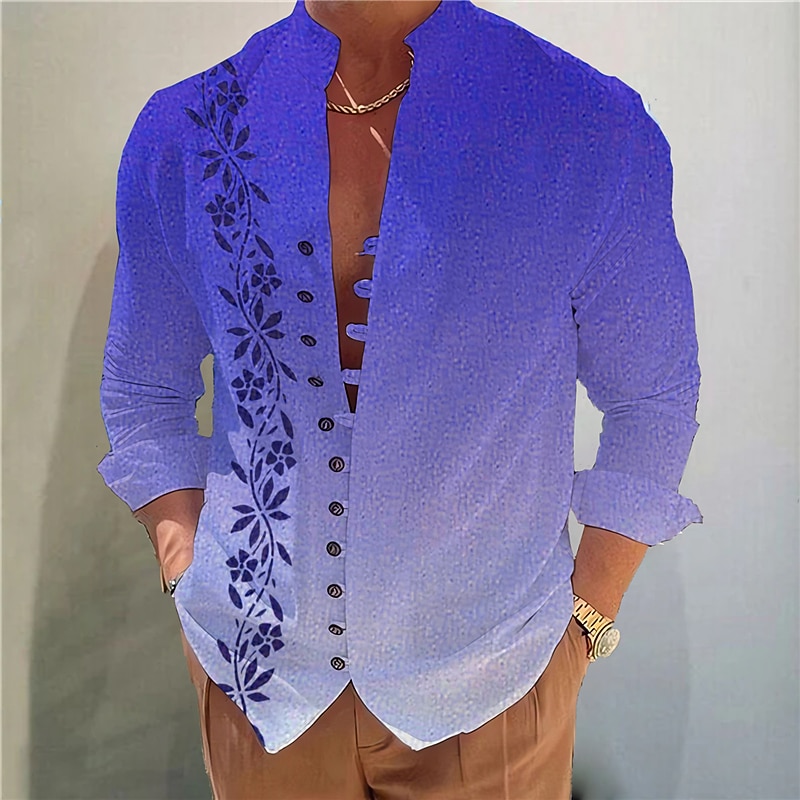 Men's Gradient Leaves Shirt Button Up Shirt Long Sleeve Fashion Streetwear Designer Outdoor Casual Daily Summer Spring Fall Stand Collar Print Blue-Green Yellow Pink Blue Purple 6