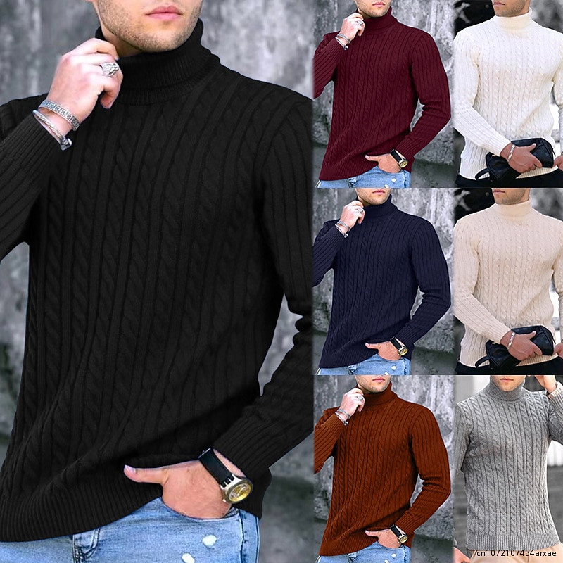 Men's Sweater Pullover Ribbed Cable Knit Cropped Knitted Solid Color Turtleneck Keep Warm Modern Contemporary Work Daily Wear Clothing Apparel Fall & Winter Camel Wine S M L