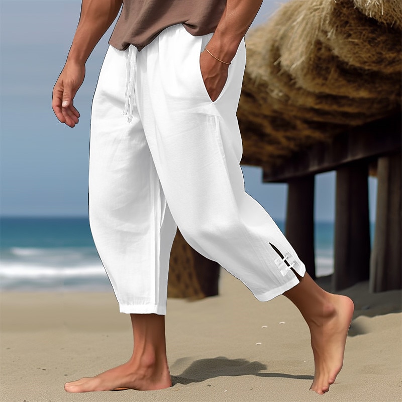 Men's Linen Pants Summer Pants Cropped Pants Beach Pants Drawstring Elastic Waist Plain Comfort Breathable Calf-Length Casual Daily Holiday Fashion Classic Style Black White
