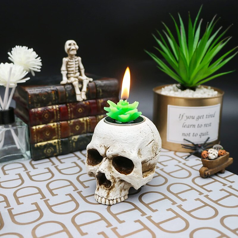 Halloween Decorations Skull Candle Holder Gothic Shed Tears Human Skull Tealight, Candle Holder Novelty Skull Bone Candlestick Halloween Home Party Tabletop Decor2