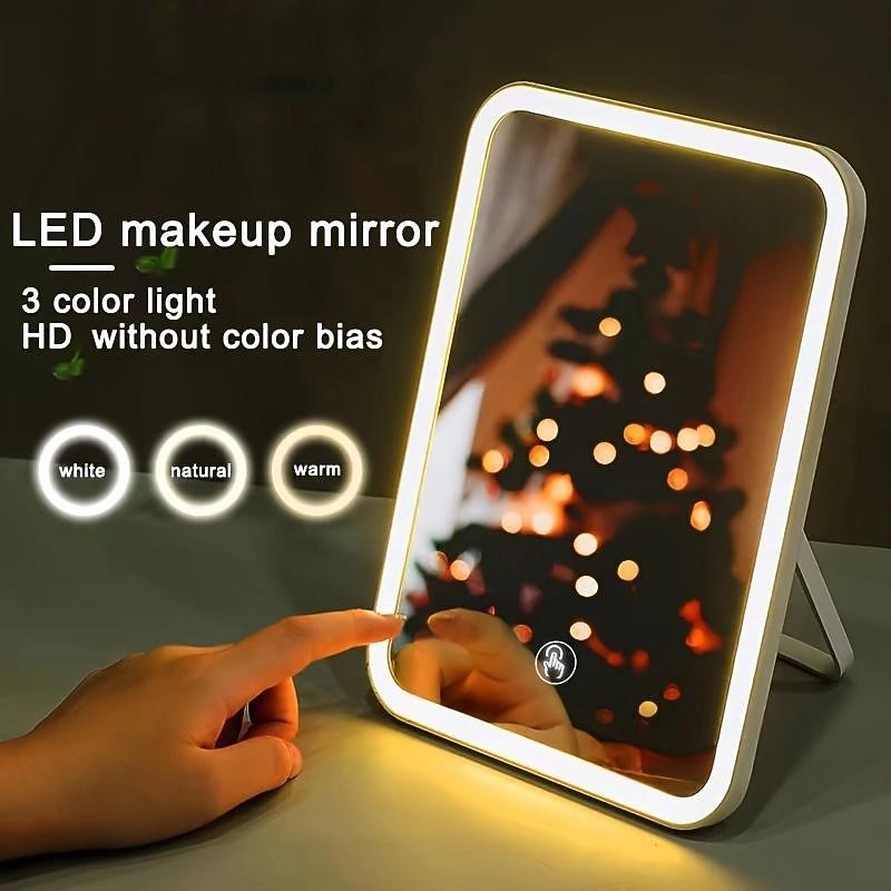 3 Color Led Makeup Mirror High Density Lamp Beads In The Mirror Touch Screen Adjustment Brightness Fill Light Mirror Usb Charging Interface Foldable And Carry Easily Valentine's Day Birthday Gift For Mother Girlfriend Women