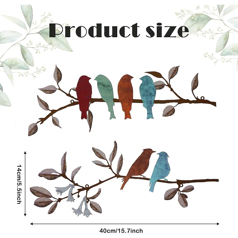 2 Packs Metal Birds Wall Art Decor, Colorful Metal Birds on The Tree Branch Leaves Wall Decor, Rustic Hanging Bird and Leaf Wall Sculpture Home Decor for Balcony Garden Indoor Outdoor4