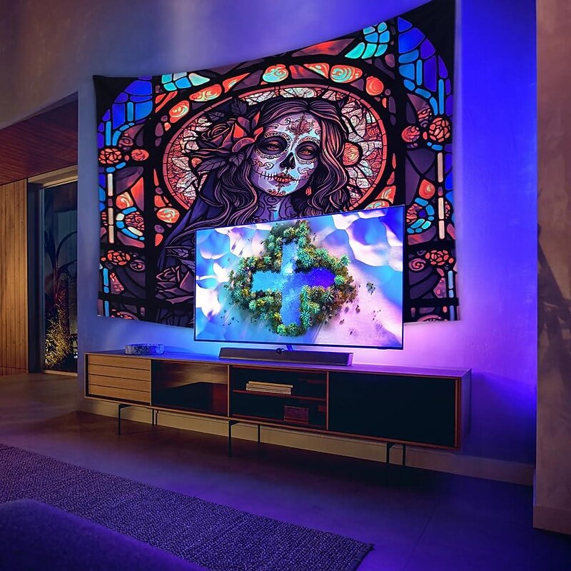 Halloween Skull Blacklight Tapestry UV Reactive Day of Dead Hanging Tapestry Wall Art Mural for Living Room Bedroom  Decorations3
