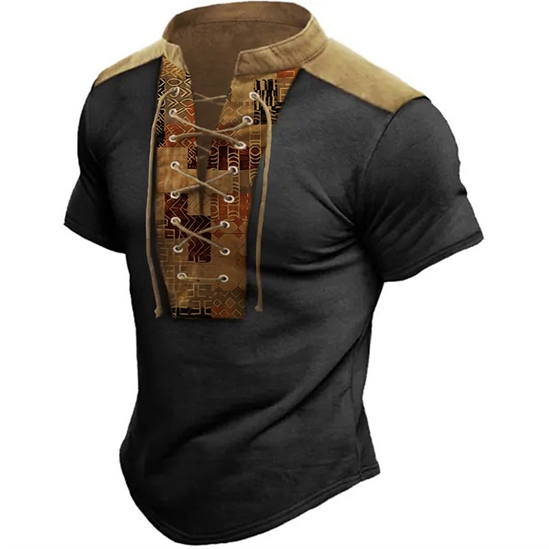 Men's T Shirt Graphic Color Block Stand Collar Clothing Apparel 3D Print Daily Sports Going out Short Sleeve Lace up Print Polyester Vintage Fashion Designer