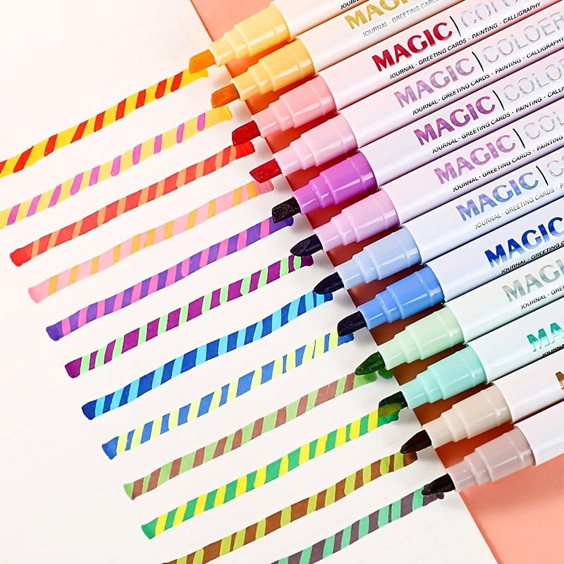 6/12pcs Magic Color Changing Highlighter Set, Double Tip Chisel Tip 12 Soft Colors Fluorescent Markers, Rainbow Pen Journal Cartoon DIY Notes Painting, Easter Decoration, Art Supplies