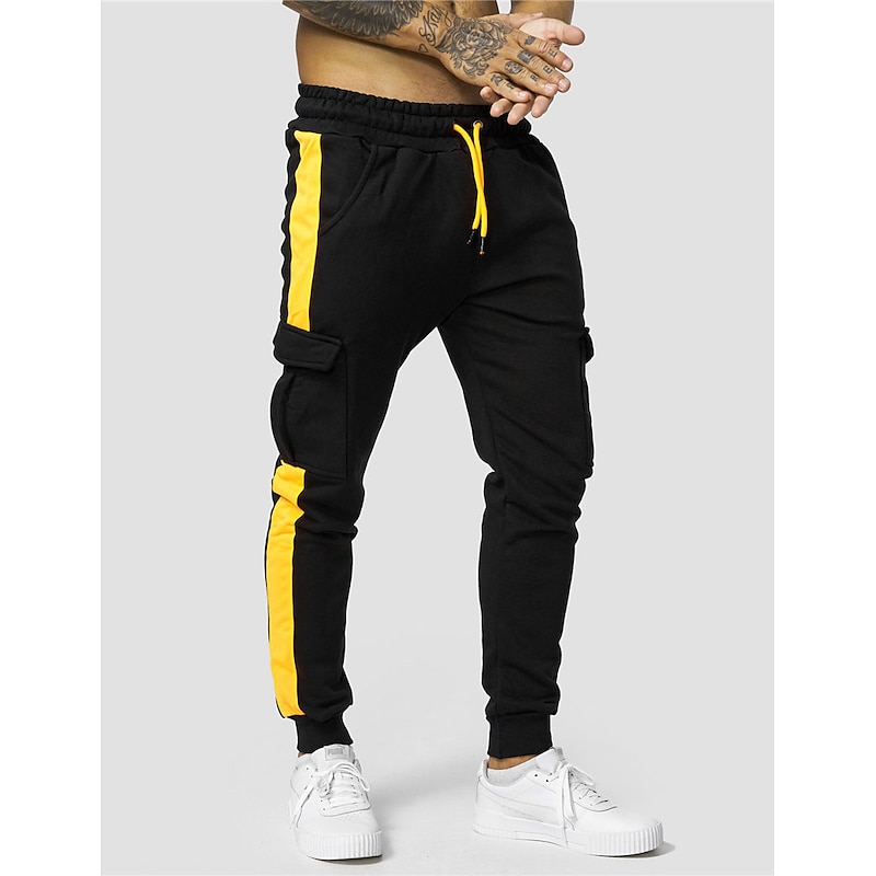 Men's Fleece Pants Sweatpants Joggers Trousers Cargo Sweatpants Drawstring Elastic Waist Elastic Cuff Color Block Comfort Warm Casual Daily Holiday Sports Fashion Yellow Red2