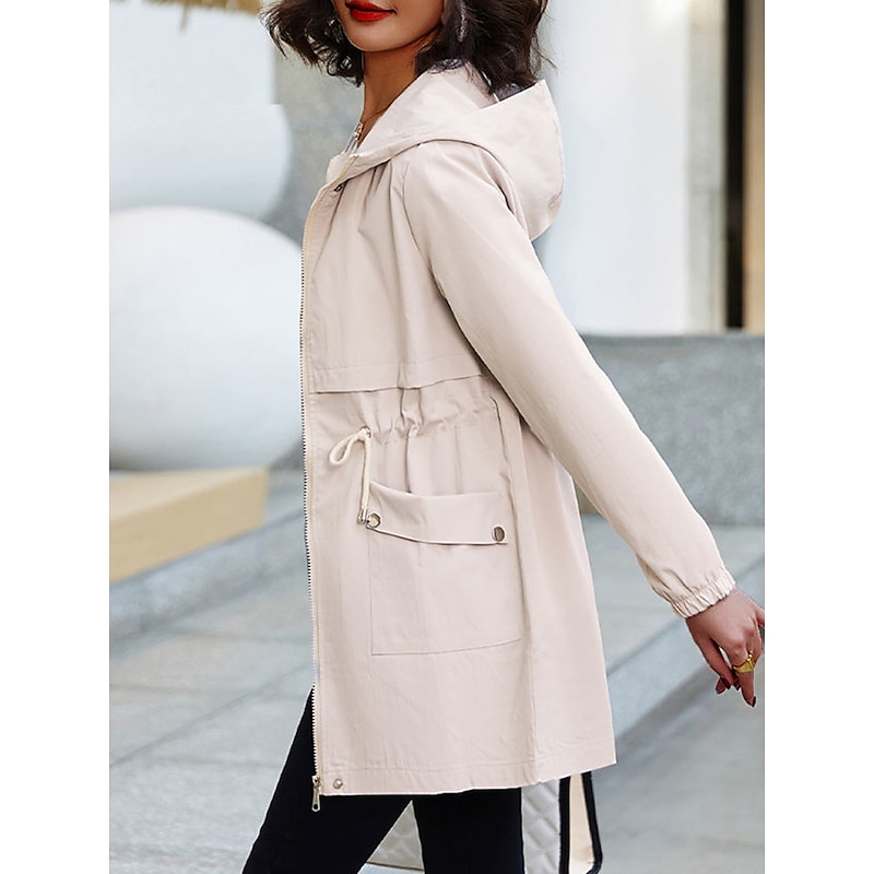 Women's Trench Coat Fall Outdoor Zipper Plain Breathable Streetwear Regular Fit Outerwear Long Sleeve Black M4