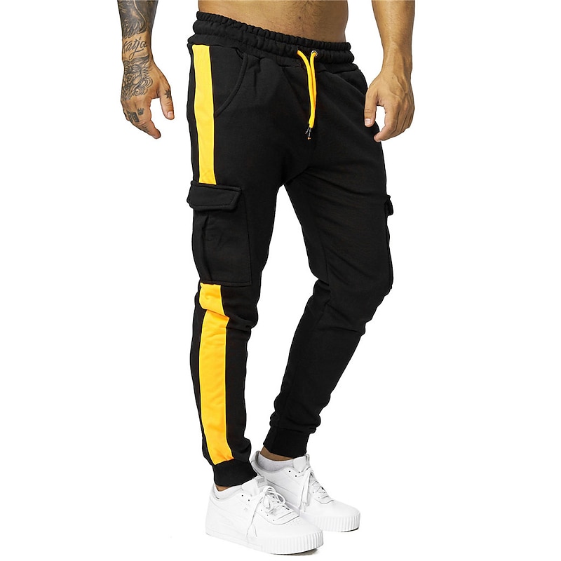 Men's Fleece Pants Sweatpants Joggers Trousers Cargo Sweatpants Drawstring Elastic Waist Elastic Cuff Color Block Comfort Warm Casual Daily Holiday Sports Fashion Yellow Red