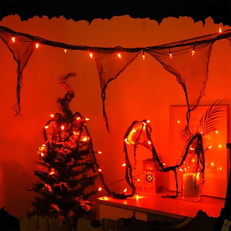 Halloween String Lights Indoor 30LED Orange Decorations with Black Gauze Battery Operated 9.9Ft Creepy Cloth Spooky Lights Gothic Party Room Decor 2 Modes Steady/Flickering Lights3