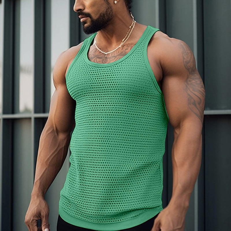 Men's Tank Top Vest Top Undershirt Sleeveless Shirt Sleeveless Crew Neck Summer Plain Fashion Designer Muscle Mesh Outdoor Going out Gym Black White Green Top Tee for Men