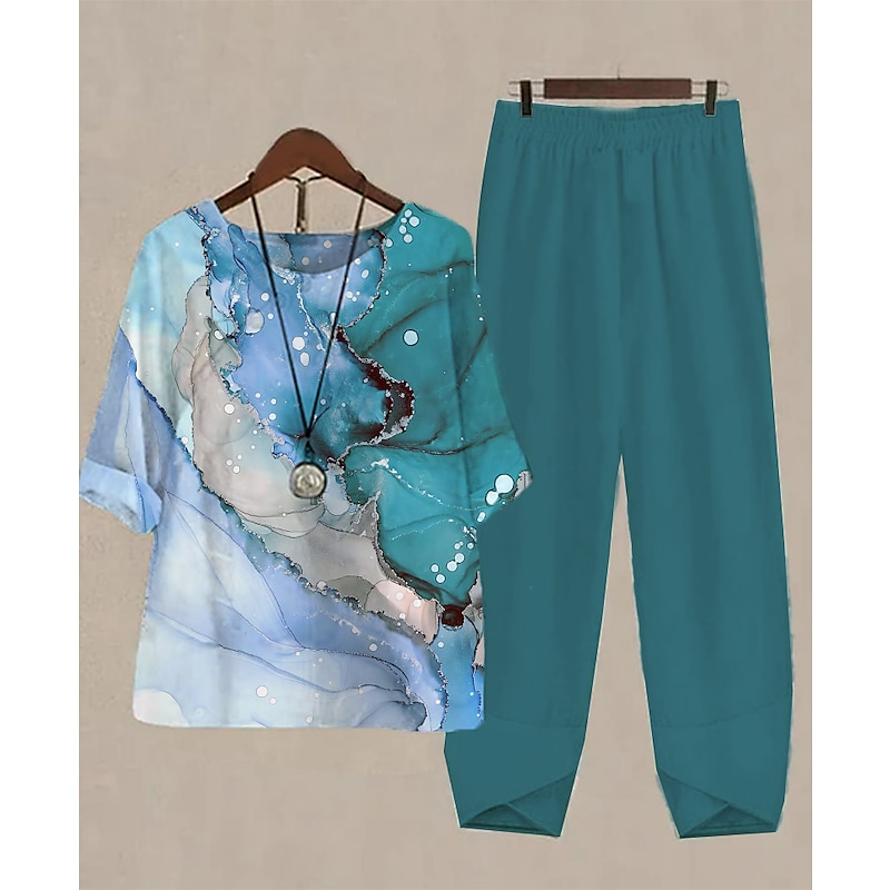 Women's 2 Pieces Daily Basic Shirt Pants Sets Pants Trousers Round Neck Graphic Print Holiday Weekend Pink Red Blue Fall & Winter Regular Fit4