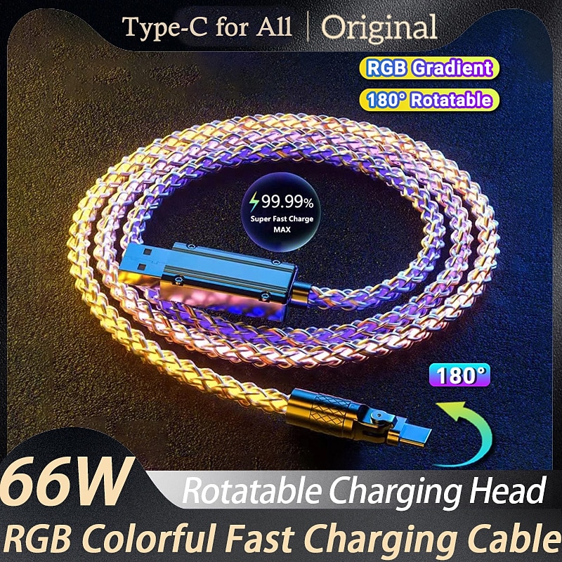 180° Rotatable RGB Lighting Charging Cable 6A 120W Super Fast Charging Cable USB A RGB Gradient Charge Line for Iphone HUAWEI Xiaomi
