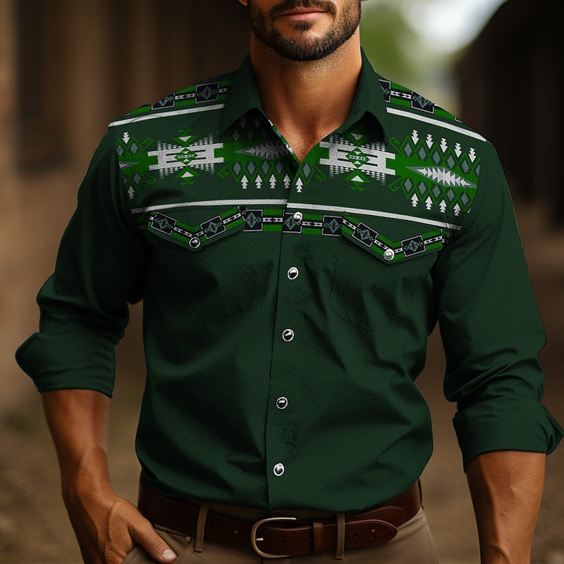 Men's Tribal Graphic Prints Vintage Shirt Western Shirt Cowboy Shirt Long Sleeve Fashion Designer Casual Outdoor Daily Fall & Winter Turndown Print Black Navy Blue Dark Green2