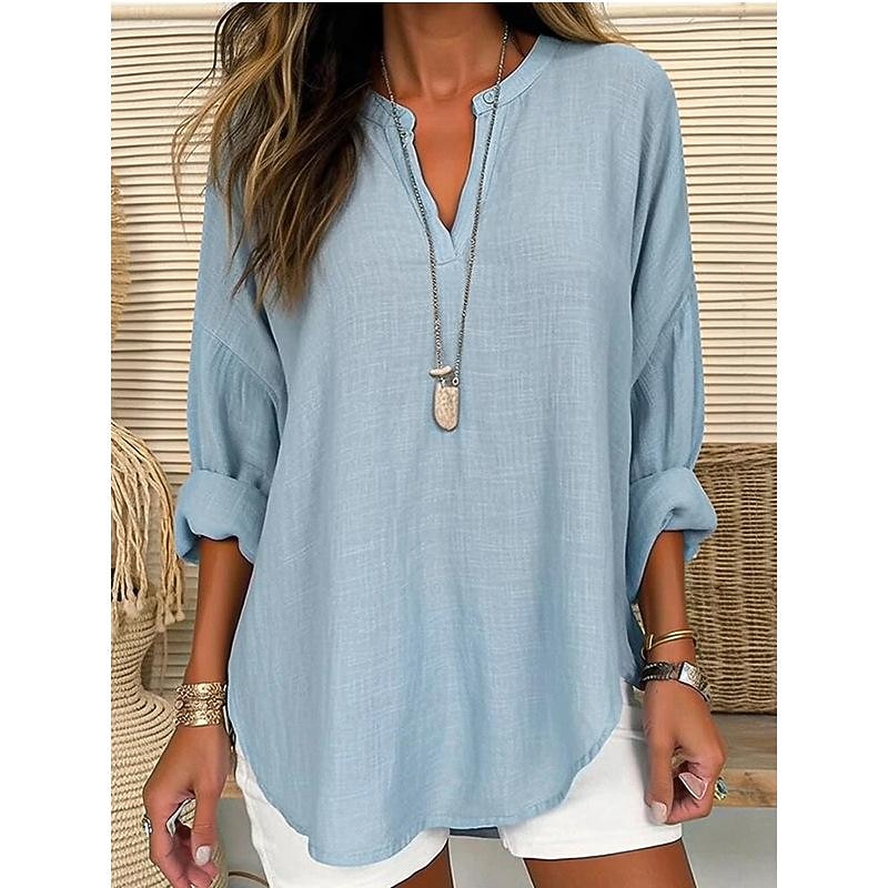 Women's Shirt Cotton Linen Shirts Blouse Dressy Tops Solid Color Plain Basic Long Sleeve Notched Neck Regular Tops Casual Daily White Pink Sky Blue Green Grey Spring Fall
