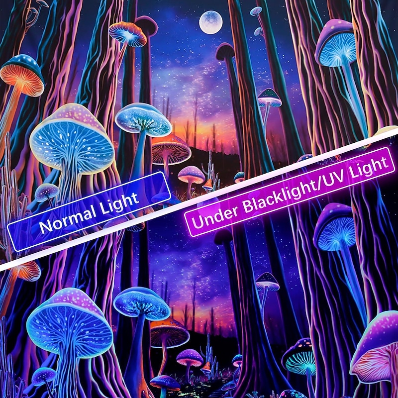 Mushroom Fantasy Blacklight Tapestry UV Reactive Glow in the Dark Glow Party Trippy Misty Nature Landscape Hanging Tapestry Wall Art Mural for Living Room Bedroom4