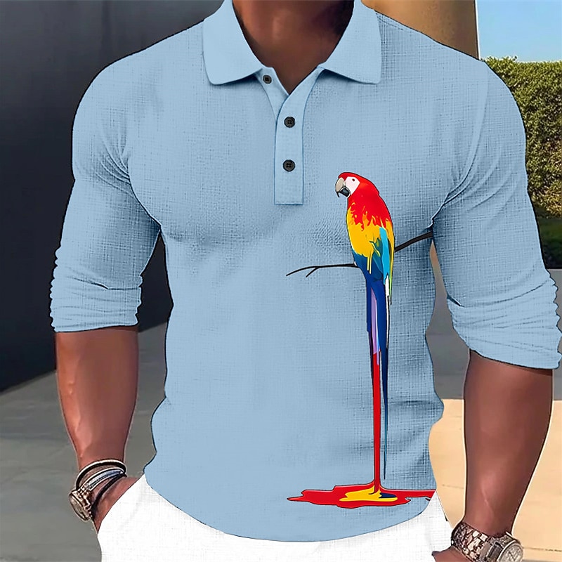 Men's Parrot Hawaiian Polo Shirts Golf Shirt Long Sleeve Polo Shirts Collared Shirts Casual Funny Beach Wear Vacation Wear Party Outfits 3D Print Buttons Black White Blue3