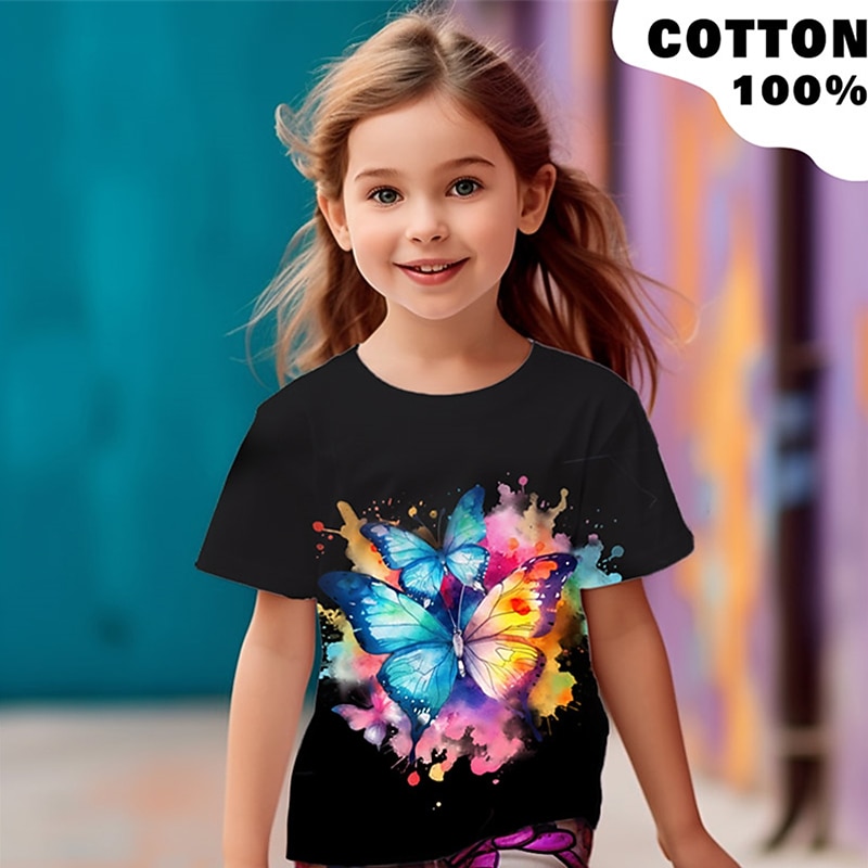 Girls' 3D Graphic Butterfly T shirt Tee Short Sleeve 3D Print Summer Spring Active Fashion Cute 100% Cotton Kids 3-12 Years Outdoor Casual Daily Regular Fit2