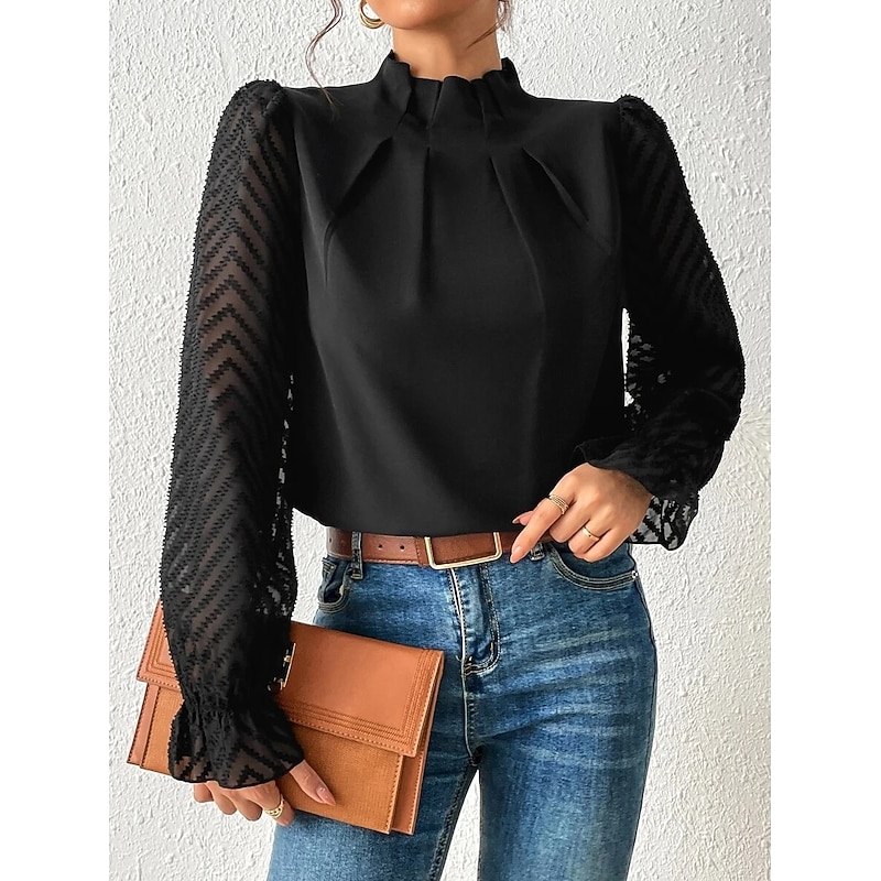 Women's Shirt Blouse Daily Basic Mesh Long Sleeve Regular Tops Turtleneck High Neck Casual Black White Pink Navy Blue Beige Fall & Winter2
