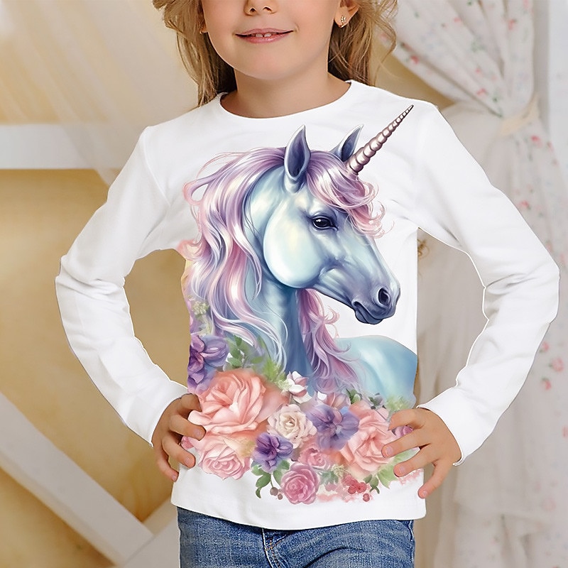 Girls' 3D Graphic Cartoon Unicorn T shirt Tee Long Sleeve 3D Print Summer Spring Fall Active Fashion Cute Kids 3-12 Years Outdoor Casual Daily Regular Fit2
